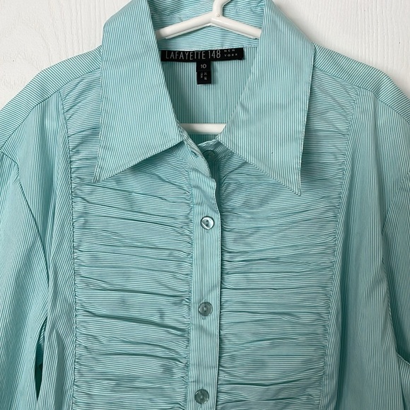 Lafayette 148 New York NWOT Striped Blue/White Ruffled Button Down Size 10 - Picture 3 of 8